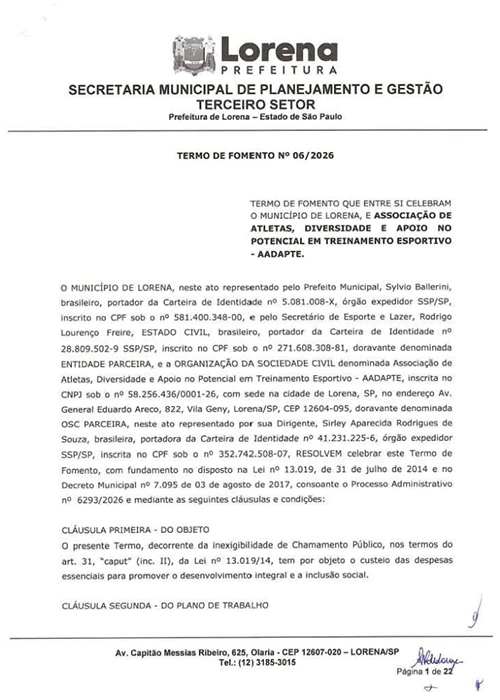 Primeira página do Termo de Fomento nº 06/2026 entre a Prefeitura de Lorena e a ADAPTE